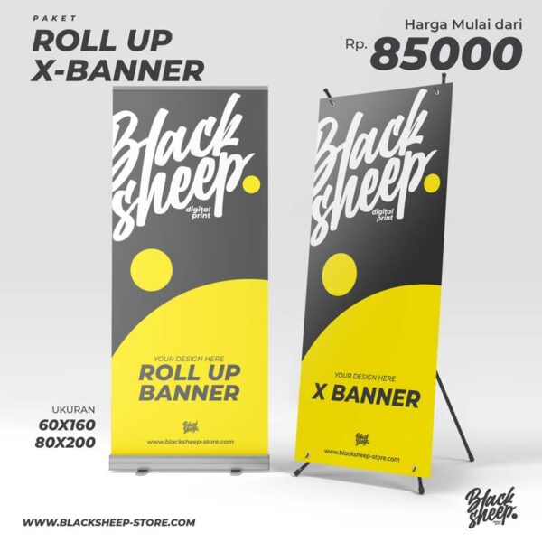 Cetak X-BANNER dan ROLL UP BANNER dengan bahan jerman glossy/doff ukuran 60cm x 160cm dan 80cm x 200cm high resolution