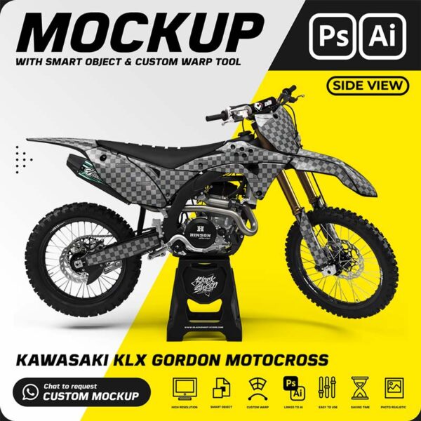 Mockup Kawasaki KLX Gordon Motocross menggunakan smart object photoshop yang mudah digunakan dan terlihat realistis